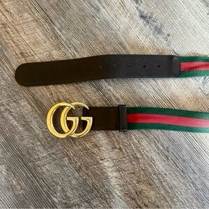 Gucci Black and Green Stripe Belt with Gold GG Emblem